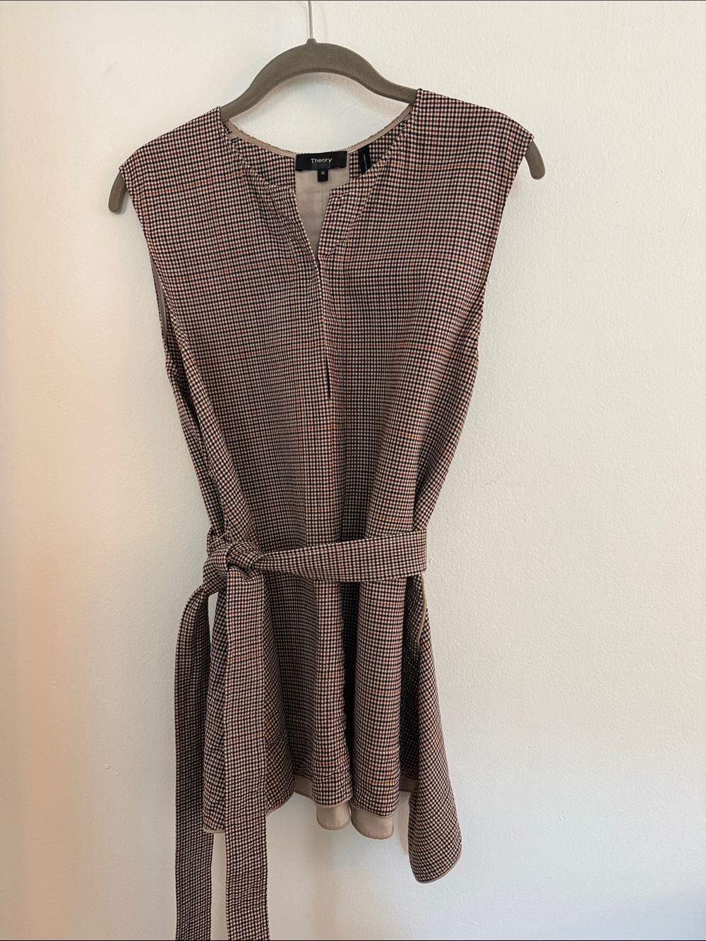 Theory Brown Houndstooth Sleeveless top with Tie Belt